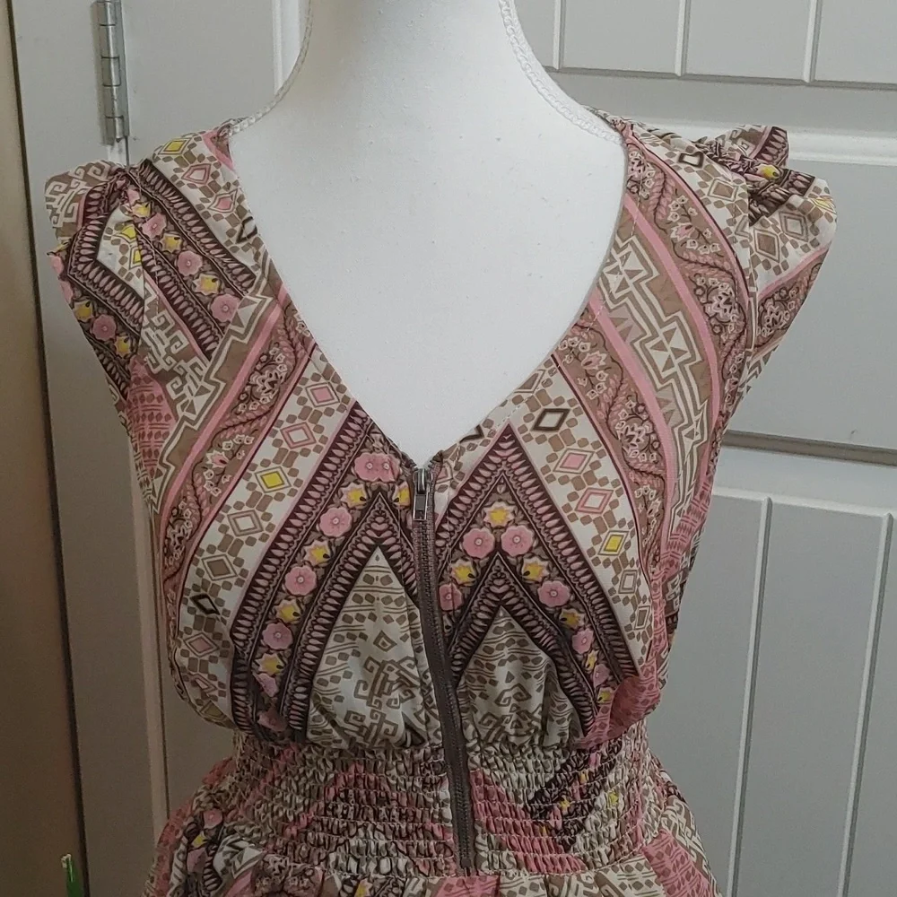 Exhilaration vintage feel pink, beige and brown light spring flattering Dress - Picture 3 of 15